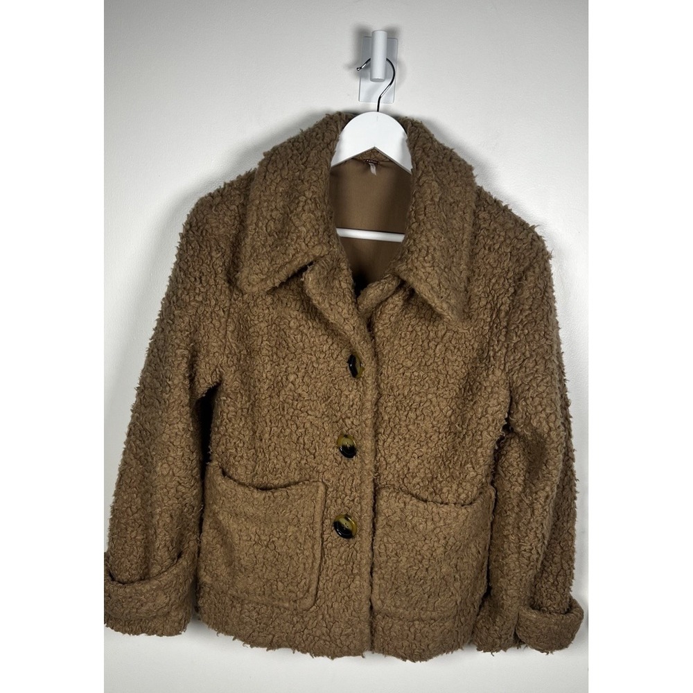 Free People So Soft Cozy Teddy Bear Size XS Beige Fuzzy Button Up Peacoar Jacket - Picture 6 of 14